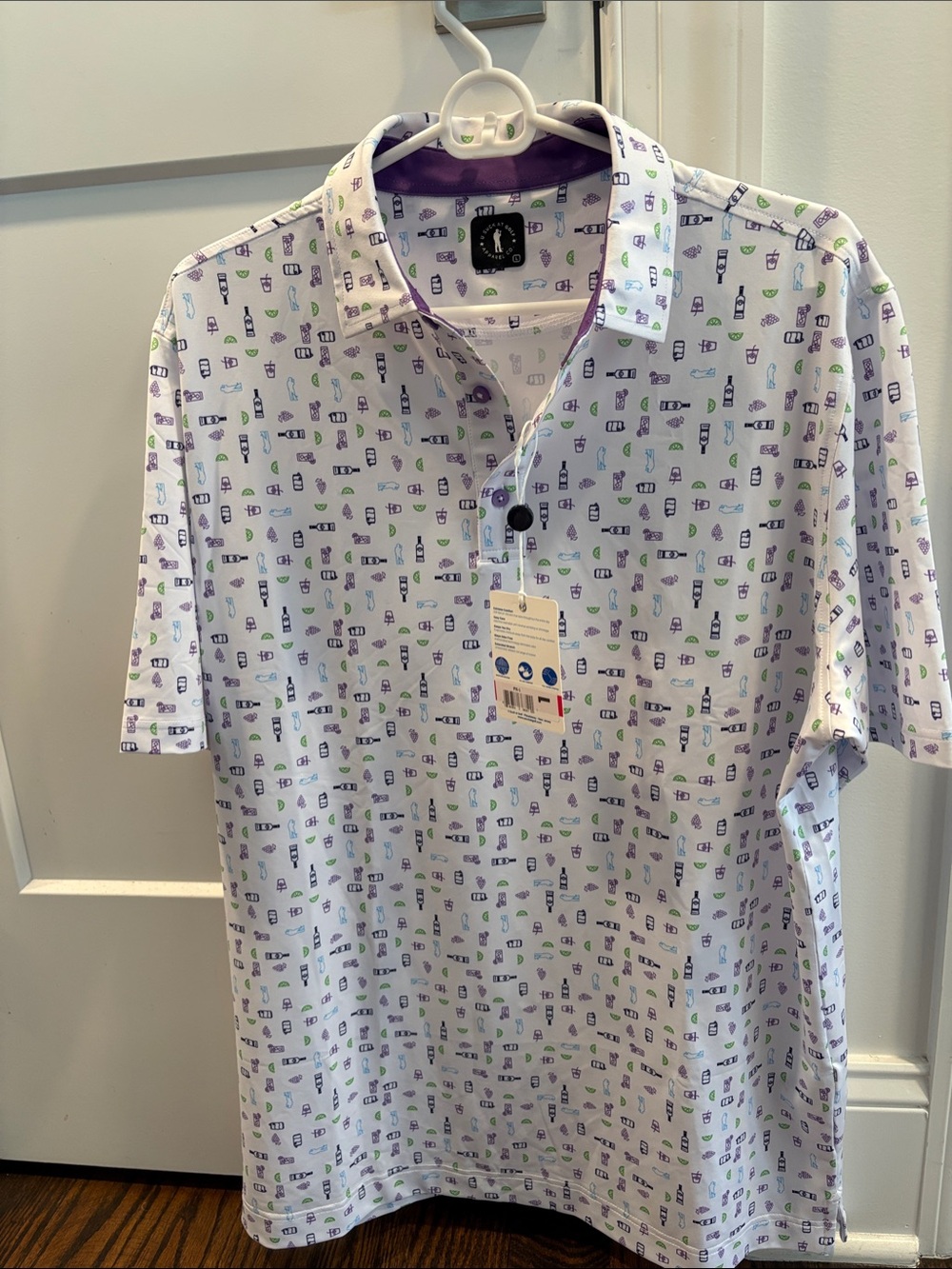 Men's White Polo Shirt with Blue & Green Micro Print